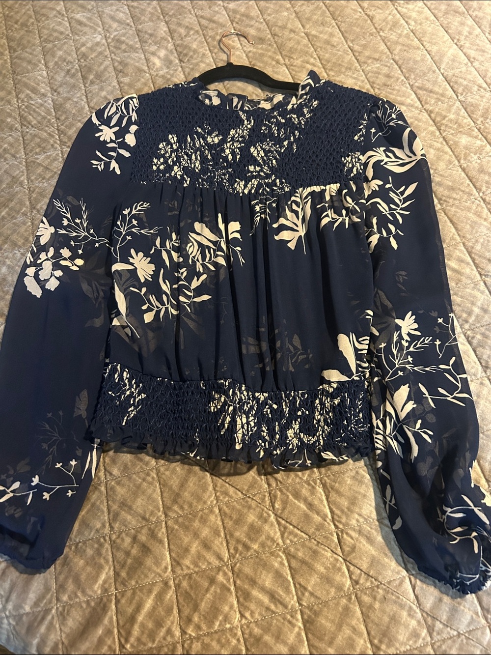 Navy Floral Smocked Yoke Long-Sleeve Blouse